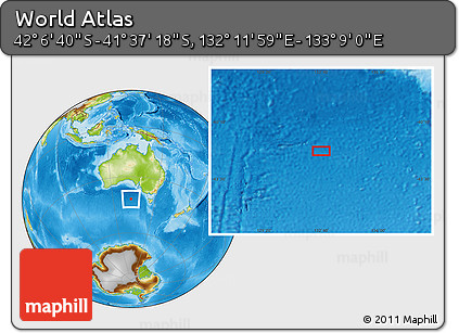 Physical Location Map of the Area around 41° 51' 59" S, 132° 40' 30" E