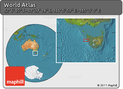 Satellite Location Map of the Area around 41° 51' 59" S, 144° 34' 29" E