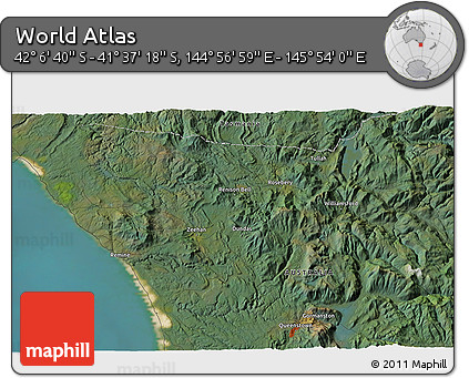 Satellite 3D Map of the Area around 41° 51' 59" S, 145° 25' 30" E