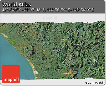 Satellite 3D Map of the Area around 41° 51' 59" S, 145° 25' 30" E