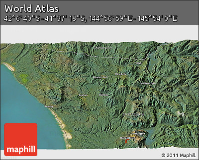Satellite 3D Map of the Area around 41° 51' 59" S, 145° 25' 30" E
