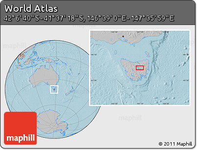 Gray Location Map of the Area around 41° 51' 59" S, 147° 7' 30" E, hill shading
