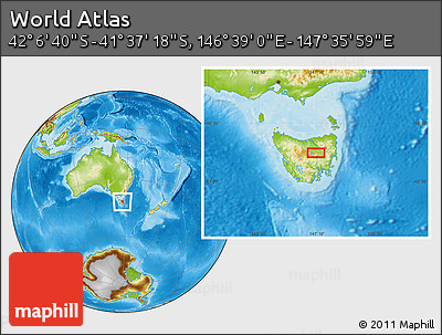 Physical Location Map of the Area around 41° 51' 59" S, 147° 7' 30" E