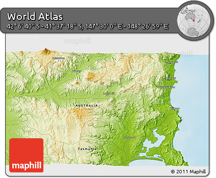 Physical 3D Map of the Area around 41° 51' 59" S, 147° 58' 29" E