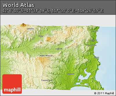 Physical 3D Map of the Area around 41° 51' 59" S, 147° 58' 29" E