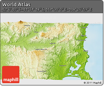 Physical 3D Map of the Area around 41° 51' 59" S, 147° 58' 29" E