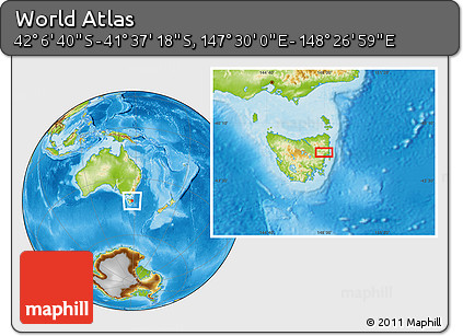 Physical Location Map of the Area around 41° 51' 59" S, 147° 58' 29" E