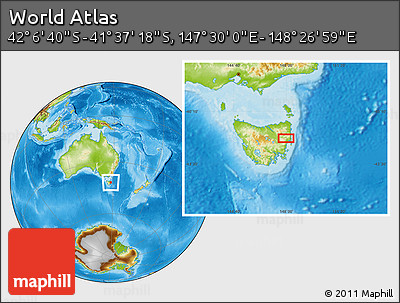 Physical Location Map of the Area around 41° 51' 59" S, 147° 58' 29" E