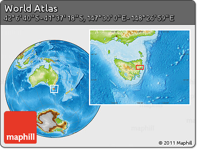 Physical Location Map of the Area around 41° 51' 59" S, 147° 58' 29" E