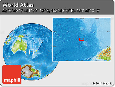 Physical Location Map of the Area around 41° 51' 59" S, 163° 16' 30" E