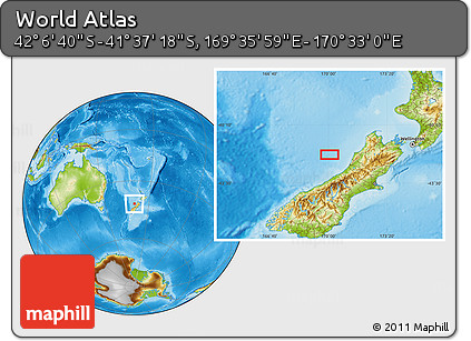Physical Location Map of the Area around 41° 51' 59" S, 170° 4' 29" E