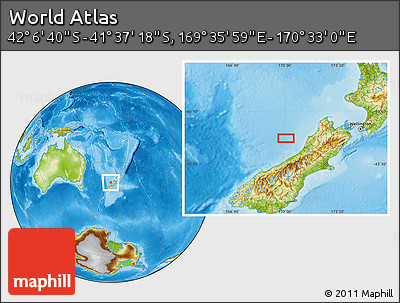 Physical Location Map of the Area around 41° 51' 59" S, 170° 4' 29" E
