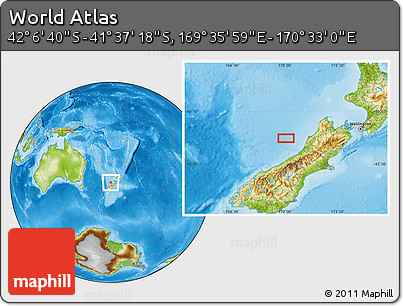 Physical Location Map of the Area around 41° 51' 59" S, 170° 4' 29" E