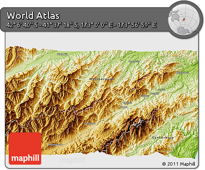 Physical 3D Map of the Area around 41° 51' 59" S, 173° 28' 29" E