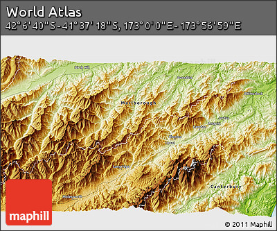 Physical 3D Map of the Area around 41° 51' 59" S, 173° 28' 29" E