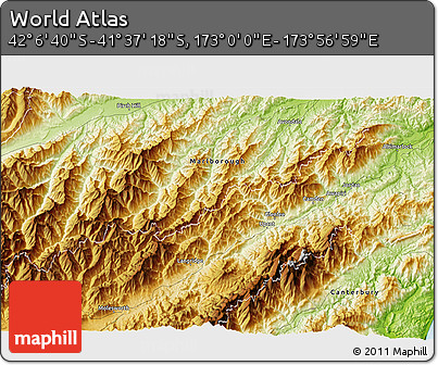 Physical 3D Map of the Area around 41° 51' 59" S, 173° 28' 29" E