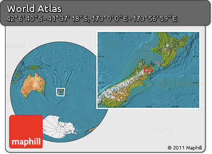 Satellite Location Map of the Area around 41° 51' 59" S, 173° 28' 29" E