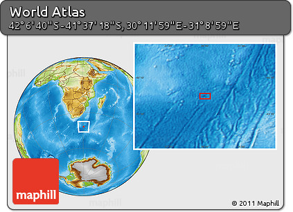 Physical Location Map of the Area around 41° 51' 59" S, 30° 40' 29" E