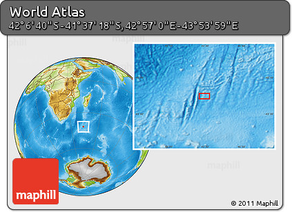 Physical Location Map of the Area around 41° 51' 59" S, 43° 25' 29" E