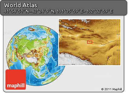 Physical Location Map of the Area around 42° 9' 30" N, 102° 4' 29" E