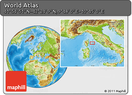 Physical Location Map of the Area around 42° 9' 30" N, 10° 16' 30" E