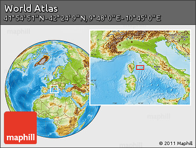 Physical Location Map of the Area around 42° 9' 30" N, 10° 16' 30" E