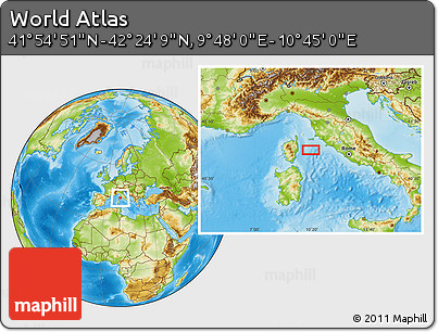 Physical Location Map of the Area around 42° 9' 30" N, 10° 16' 30" E
