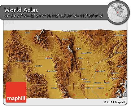 Physical 3D Map of the Area around 42° 9' 30" N, 112° 7' 30" W