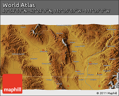 Physical 3D Map of the Area around 42° 9' 30" N, 112° 7' 30" W