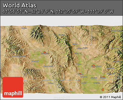 Satellite 3D Map of the Area around 42° 9' 30" N, 112° 7' 30" W