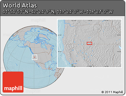 Gray Location Map of the Area around 42° 9' 30" N, 118° 55' 30" W, hill shading