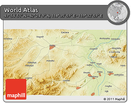 Physical 3D Map of the Area around 42° 9' 30" N, 119° 4' 29" E