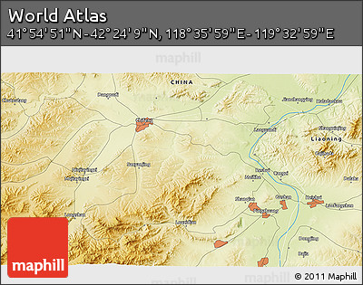 Physical 3D Map of the Area around 42° 9' 30" N, 119° 4' 29" E