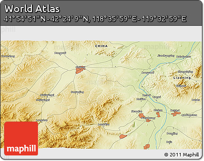 Physical 3D Map of the Area around 42° 9' 30" N, 119° 4' 29" E