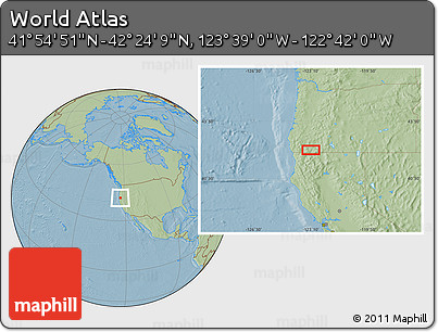 Savanna Style Location Map of the Area around 42° 9' 30" N, 123° 10' 30" W, hill shading