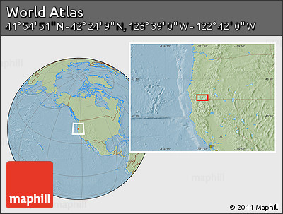 Savanna Style Location Map of the Area around 42° 9' 30" N, 123° 10' 30" W, hill shading