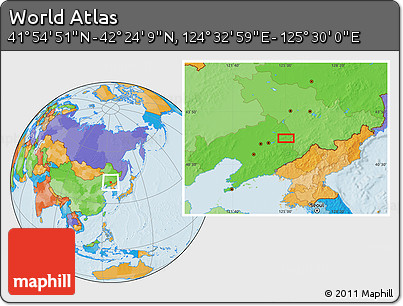 Political Location Map of the Area around 42° 9' 30" N, 125° 1' 30" E