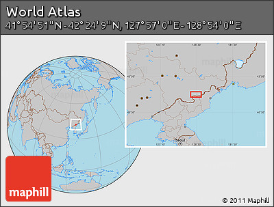 Gray Location Map of the Area around 42° 9' 30" N, 128° 25' 30" E