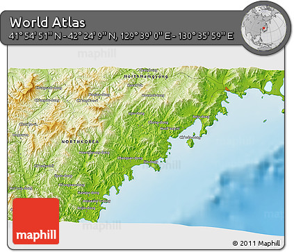 Physical 3D Map of the Area around 42° 9' 30" N, 130° 7' 30" E