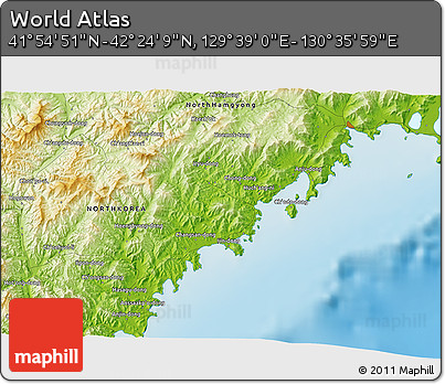 Physical 3D Map of the Area around 42° 9' 30" N, 130° 7' 30" E
