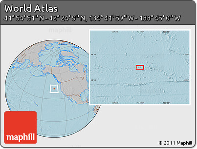 Gray Location Map of the Area around 42° 9' 30" N, 134° 13' 29" W, hill shading