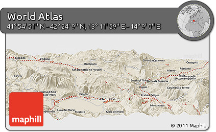 Shaded Relief Panoramic Map of the Area around 42° 9' 30" N, 13° 40' 30" E