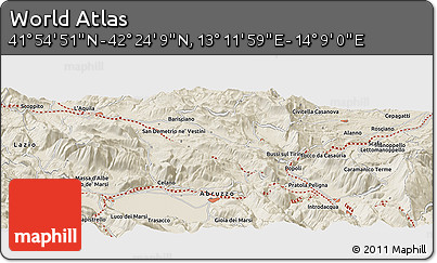 Shaded Relief Panoramic Map of the Area around 42° 9' 30" N, 13° 40' 30" E