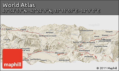 Shaded Relief Panoramic Map of the Area around 42° 9' 30" N, 13° 40' 30" E