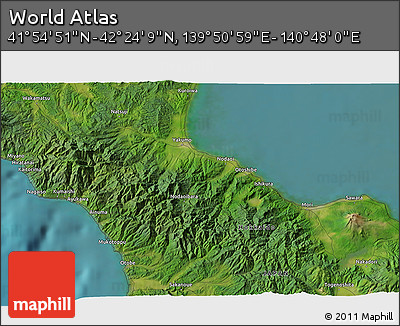 Satellite 3D Map of the Area around 42° 9' 30" N, 140° 19' 29" E