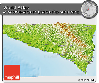 Physical 3D Map of the Area around 42° 9' 30" N, 142° 52' 30" E