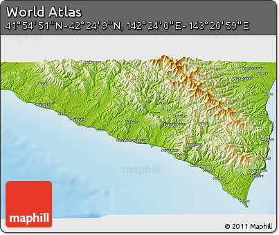 Physical 3D Map of the Area around 42° 9' 30" N, 142° 52' 30" E