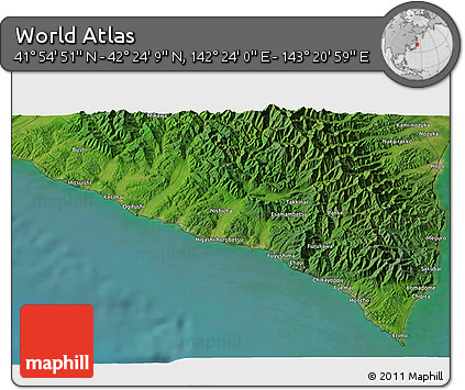 Satellite 3D Map of the Area around 42° 9' 30" N, 142° 52' 30" E