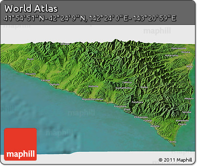 Satellite 3D Map of the Area around 42° 9' 30" N, 142° 52' 30" E