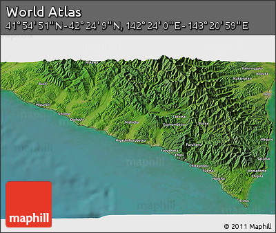Satellite 3D Map of the Area around 42° 9' 30" N, 142° 52' 30" E